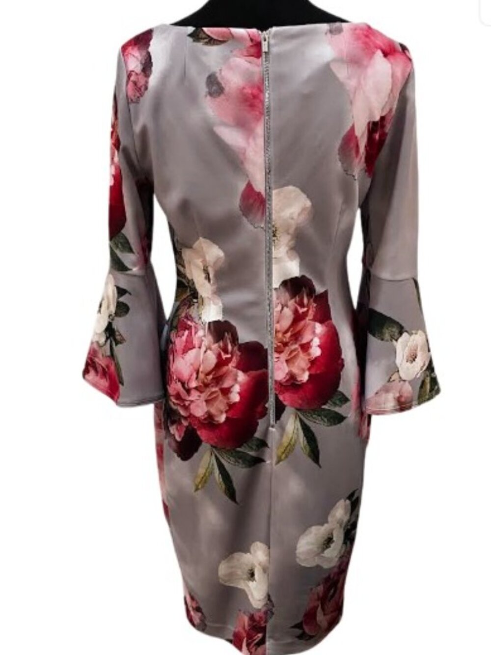 Calvin Klein Gray and Pink Floral Bell Sleeve Midi Sheath Dress  Size 8 Like New - Picture 6 of 13
